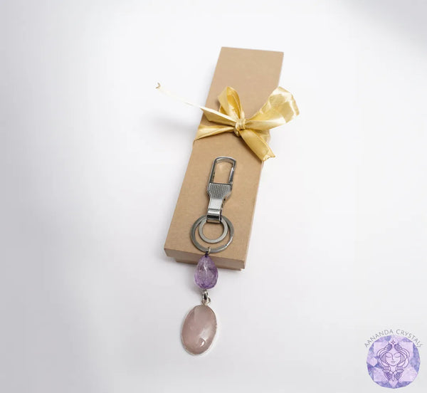 Rose Quartz & Amethyst Crystal Keychain For Home Protection